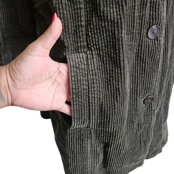 EUC J.JILL OLIVE GREEN PREPPY CORDUROY PEPLUM BACK MANDARIN COLLAR CHORE COAT LT - Picture 9 of 13